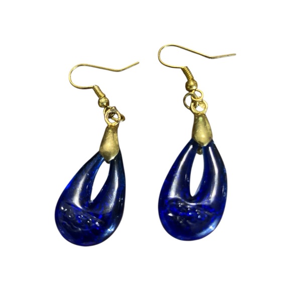 Vintage Murano-Style Blue Art Glass Drop Earrings (Signed “Murano” in Glass) - Picture 2 of 4